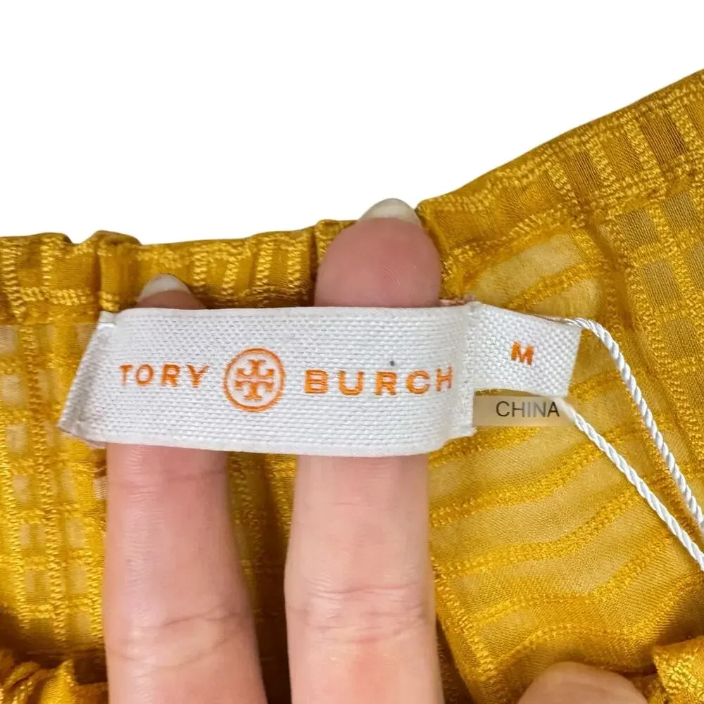 Tory Burch NWT Womens Yellow Natalie Grid Textured Georgette Top with Camisole